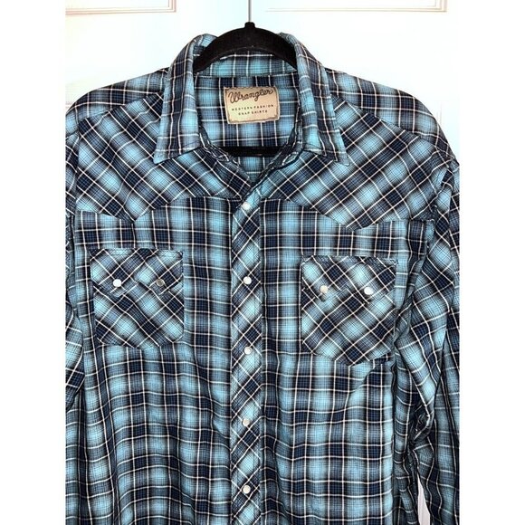 WRANGLER Western Pearl Snap Mens XL Blue Plaid Button Up Long Sleeve Shirt - Picture 3 of 6